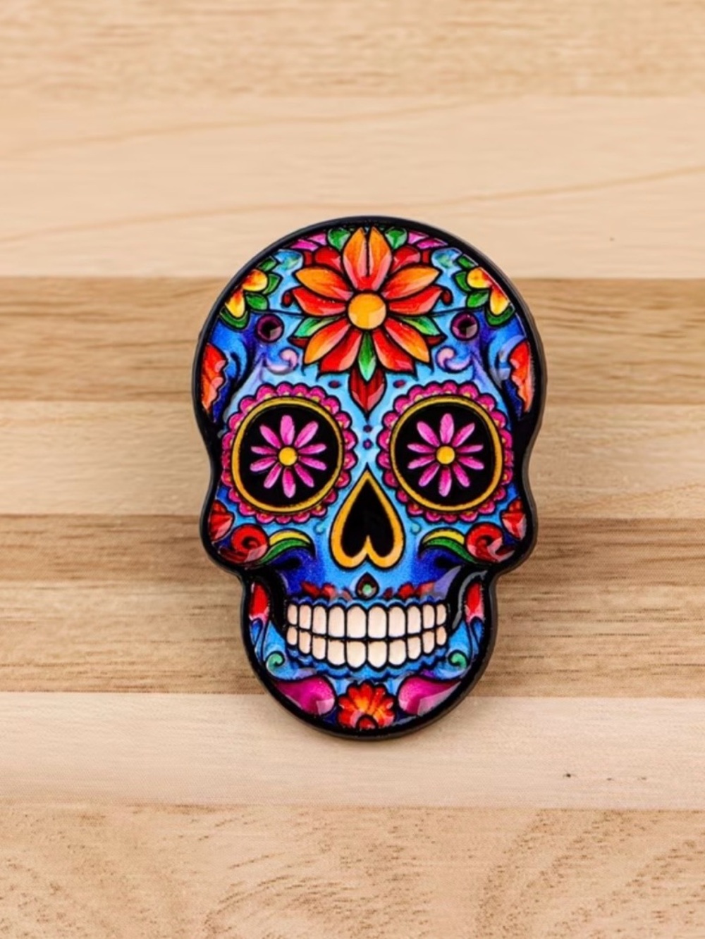Colorful Sugar Skull Enamel Pin - Bright Floral Design - Picture 2 of 4